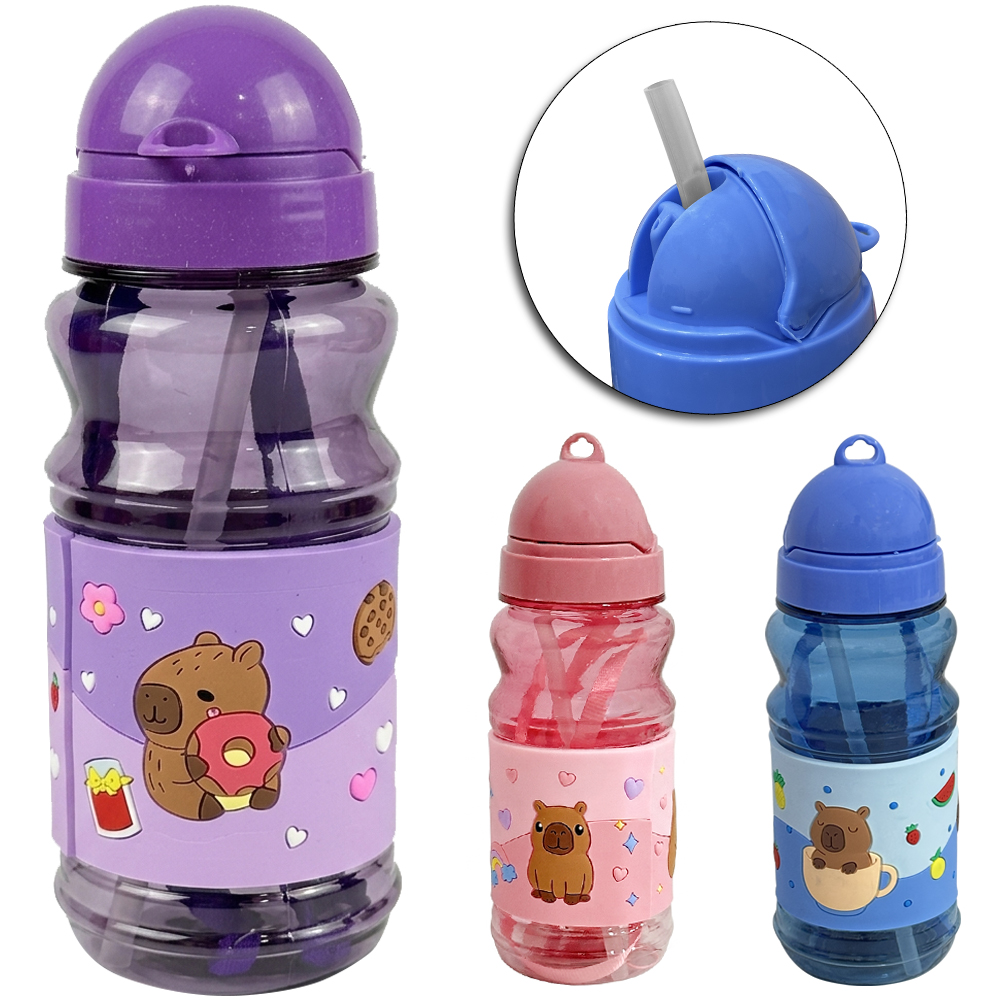  GARRAFA SQUEEZE DE PLASTICO AS EMBORRACHADO CAPIVARA COM CANUDO + TAMPA E ALCA 380ML