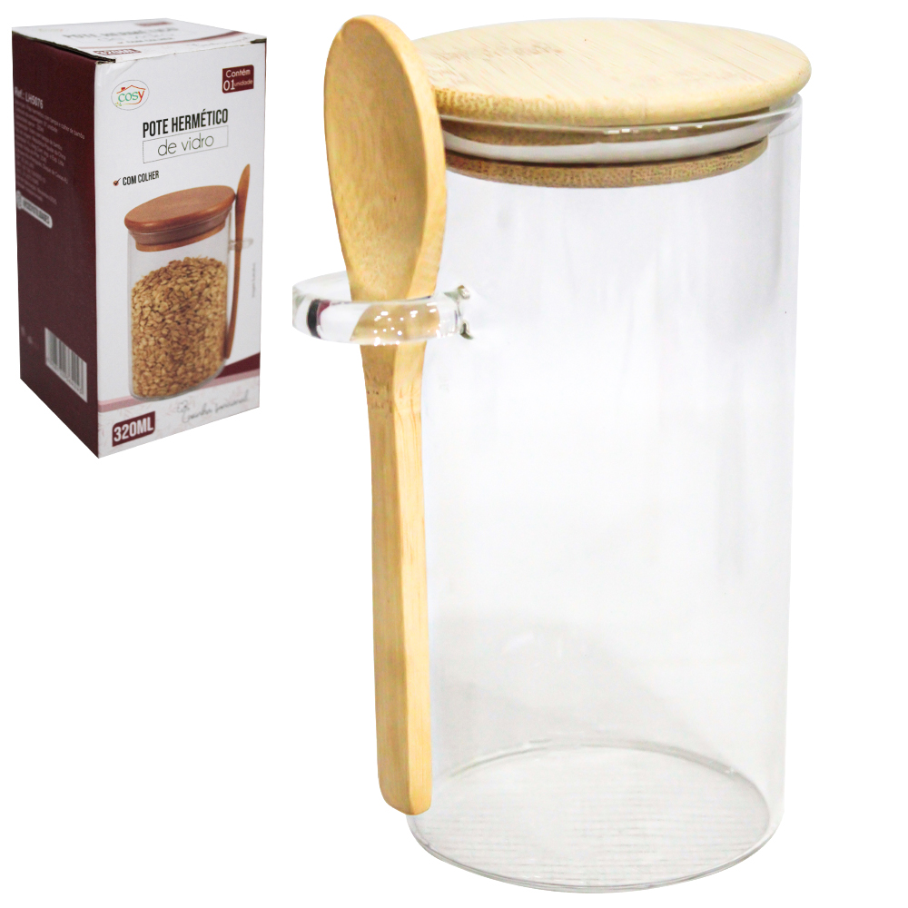 POTE DE VIDRO BOROSSILICATO LISO REDONDO COM ALCA + COLHER E TAMPA HERMETICA MADEIRA / BAMBU 320ML