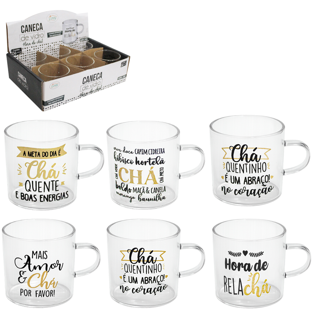 CANECA XICARA DE VIDRO BOROSSILICATO HORA DO CHA COM 6 PECAS 120ML