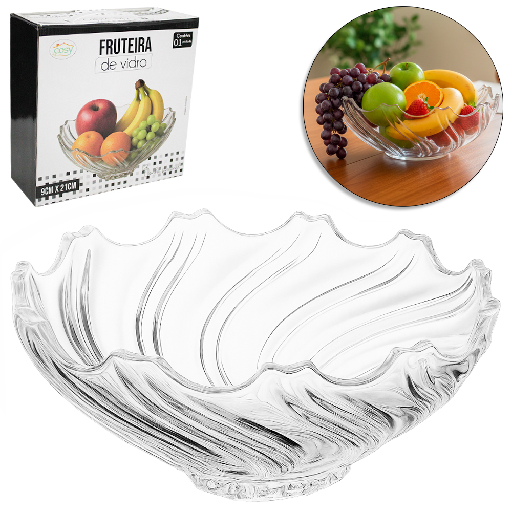 CENTRO DE MESA FRUTEIRA DE VIDRO REDONDA ONDULADA 9X21CM DE Ø 