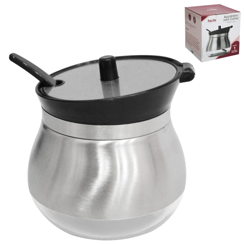 ACUCAREIRO / PORTA CONDIMENTO DE VIDRO / INOX COM TAMPA + COLHER DE PLASTICO FACILE 250ML 9X8,5CM DE Ø