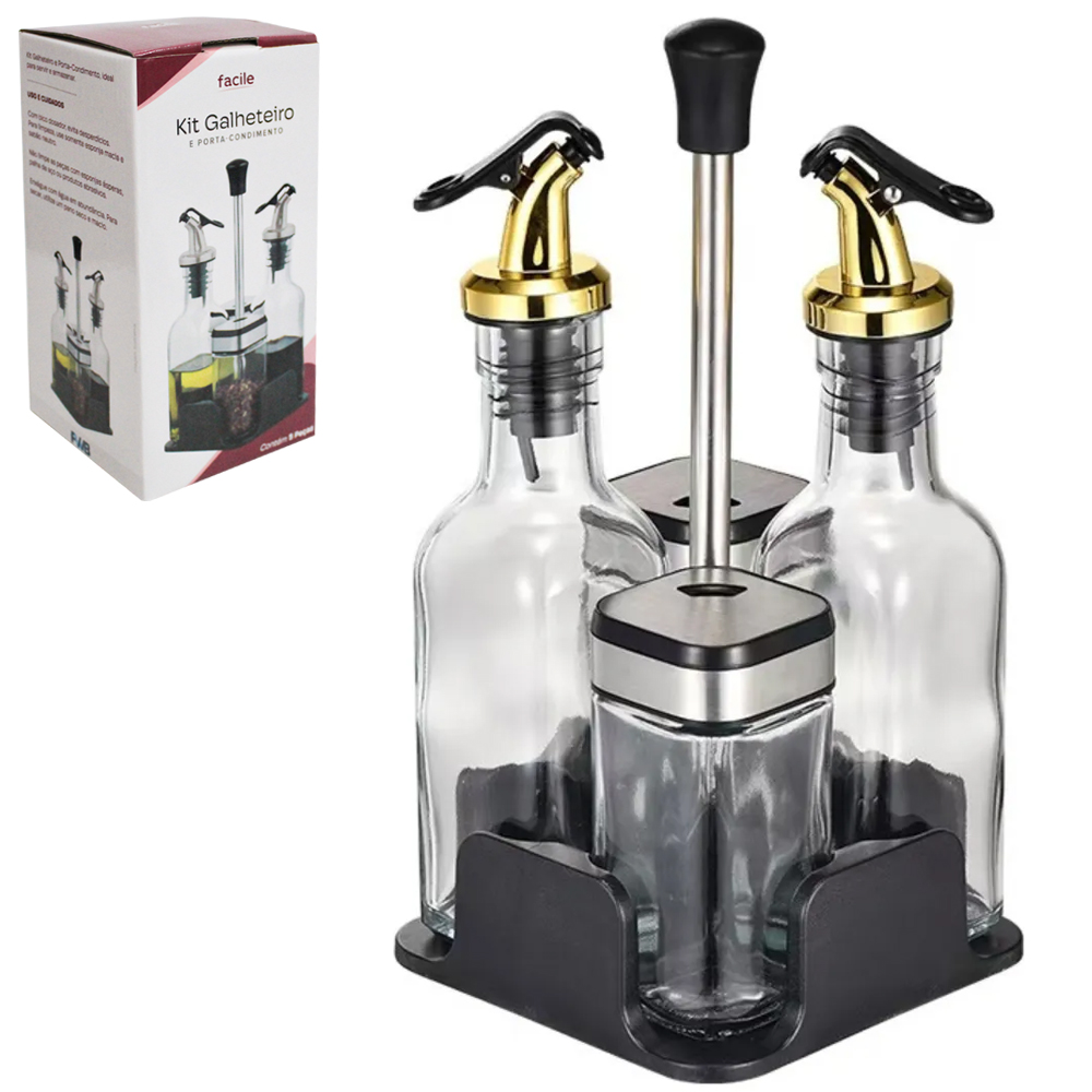 GALHETEIRO DE VIDRO COM 4 PECAS 190 / 120ML + SUPORTE PRETO FACILE