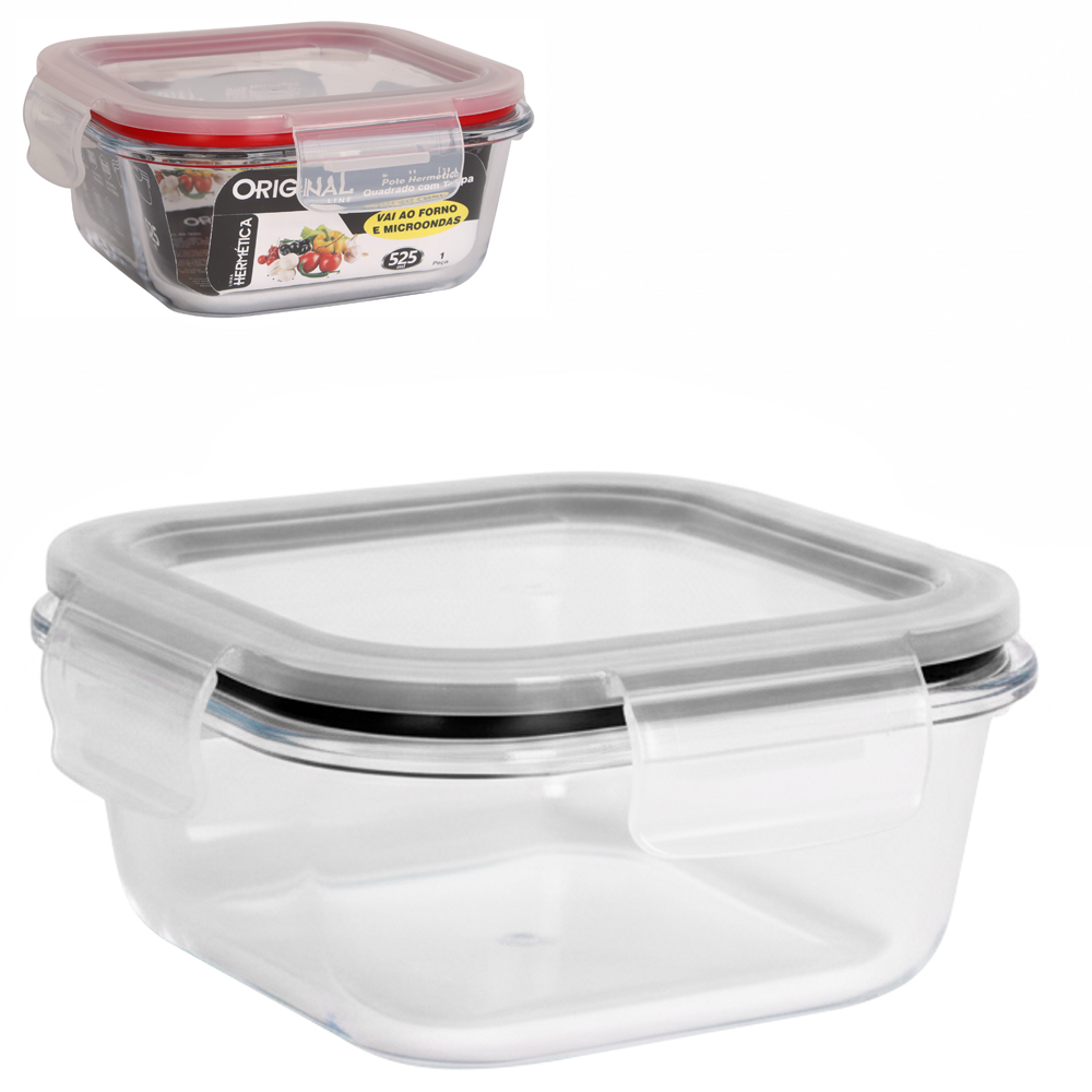 POTE DE VIDRO BOROSSILICATO QUADRADO COM TAMPA HERMETICA E TRAVA 525ML