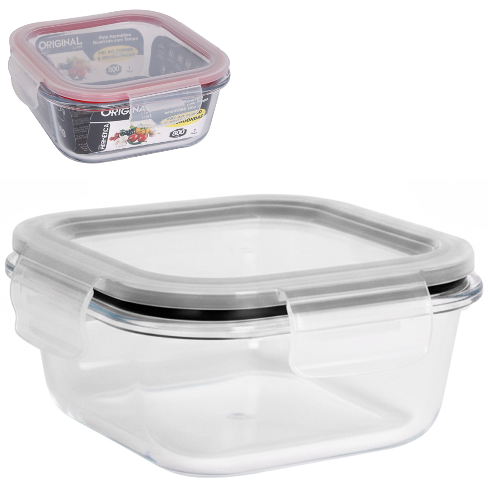 POTE DE VIDRO BOROSSILICATO QUADRADO COM TAMPA HERMETICA E TRAVA 800ML