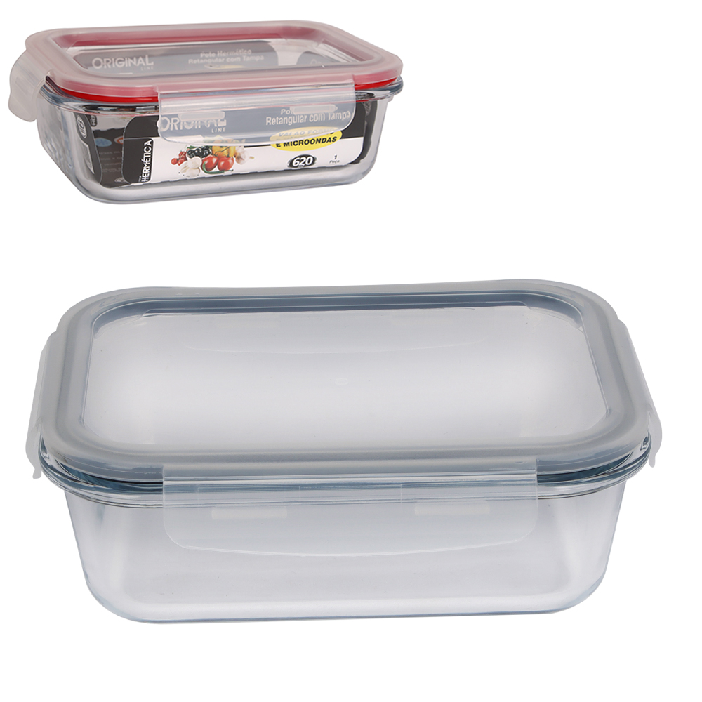 POTE DE VIDRO BOROSSILICATO RETANGULAR COM TAMPA HERMETICA E TRAVA 620ML