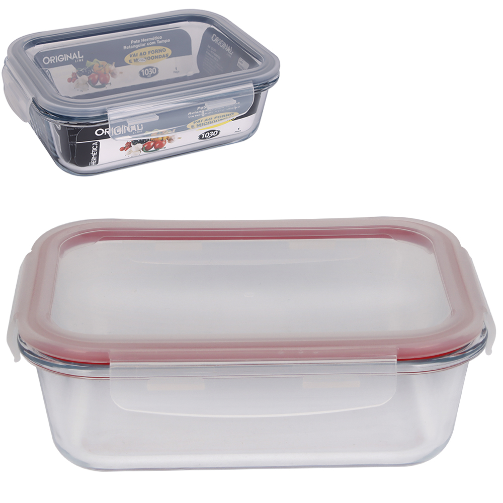 POTE DE VIDRO BOROSSILICATO RETANGULAR COM TAMPA HERMETICA E TRAVA 1030ML