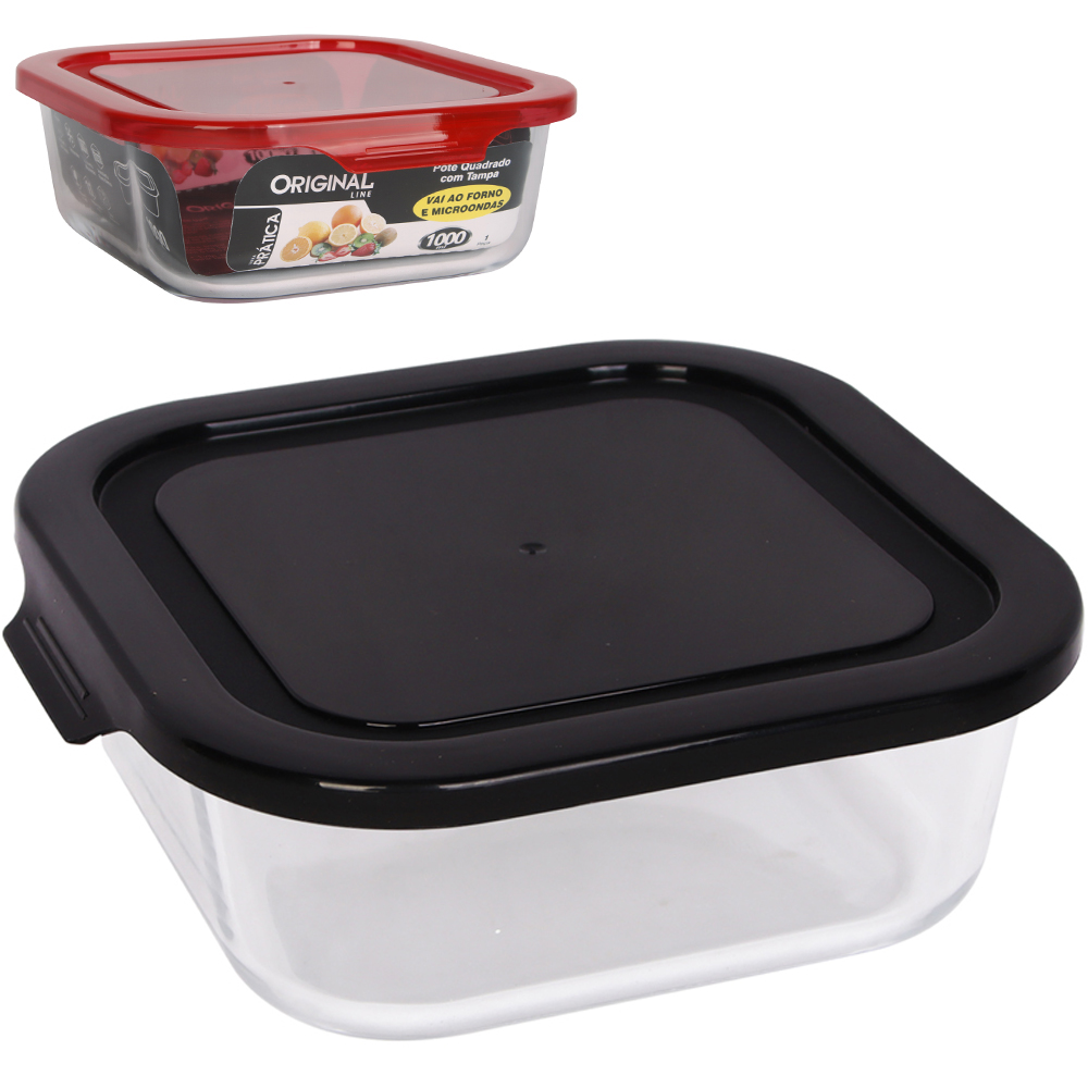 POTE DE VIDRO BOROSSILICATO QUADRADO COM TAMPA HERMETICA PRATICA VERMELHO / PRETO 1000ML
