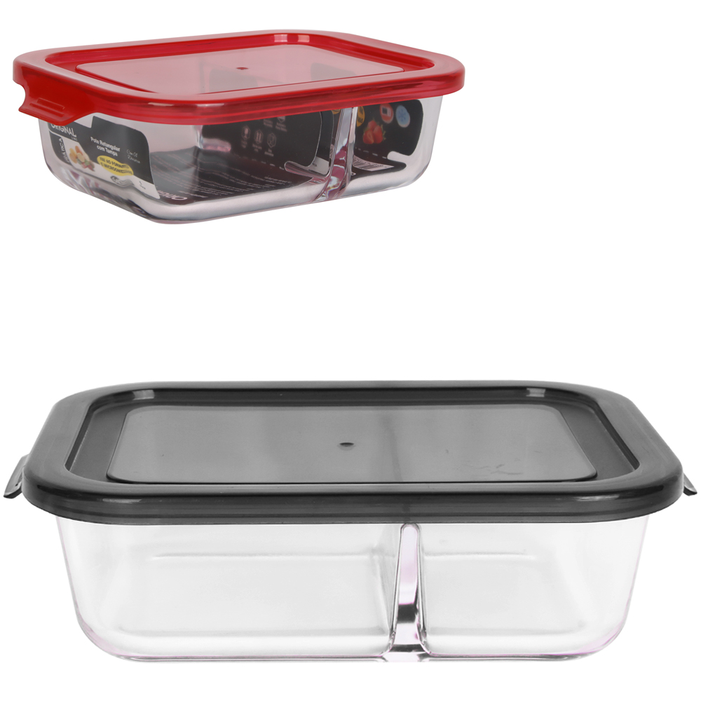 POTE DE VIDRO RETANGULAR COM 2 DIVISORIAS + TAMPA HERMETICA PRATICA VERMELHO / PRETO 1000ML