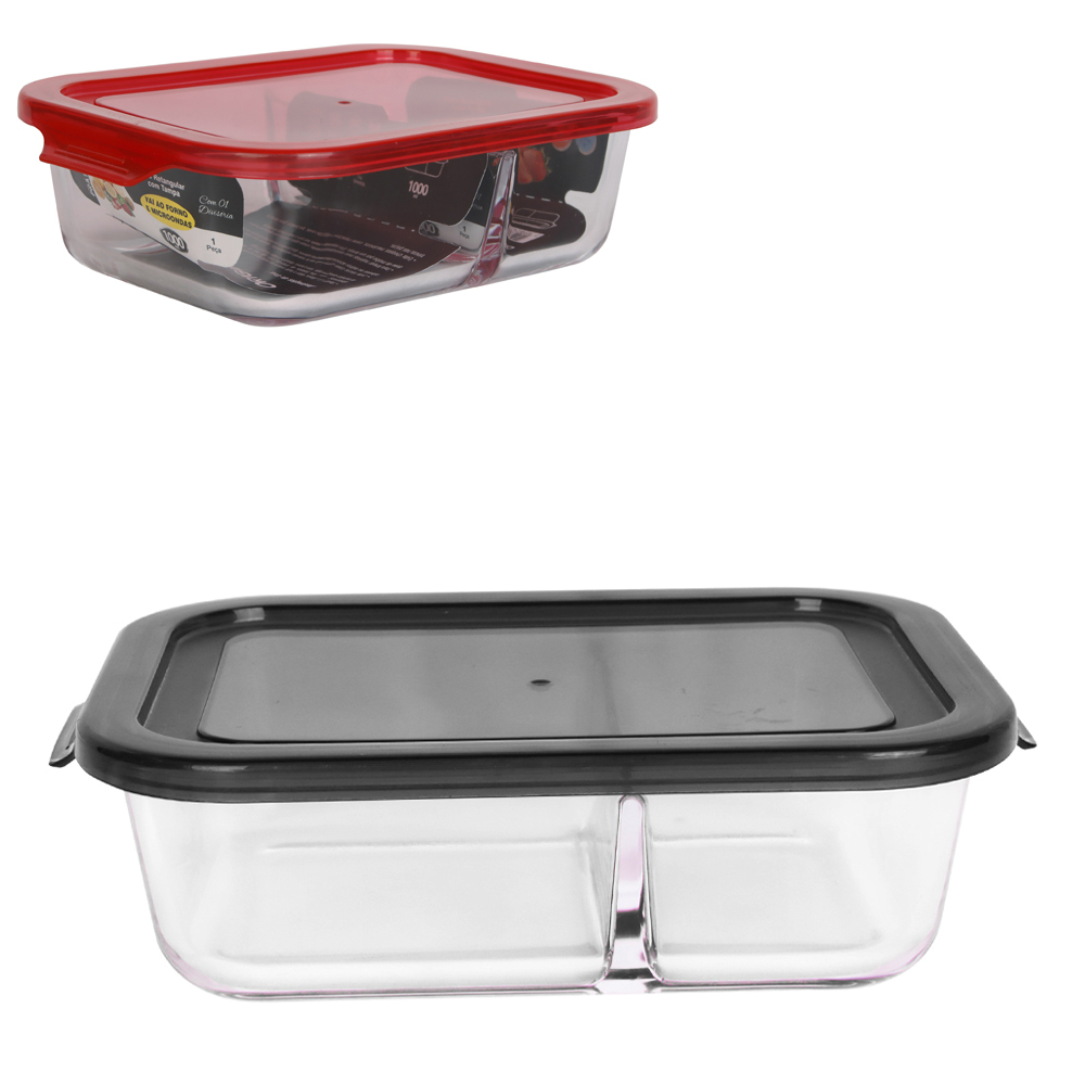 POTE DE VIDRO RETANGULAR COM 2 DIVISORIAS + TAMPA HERMETICA PRATICA VERMELHO / PRETO 640ML
