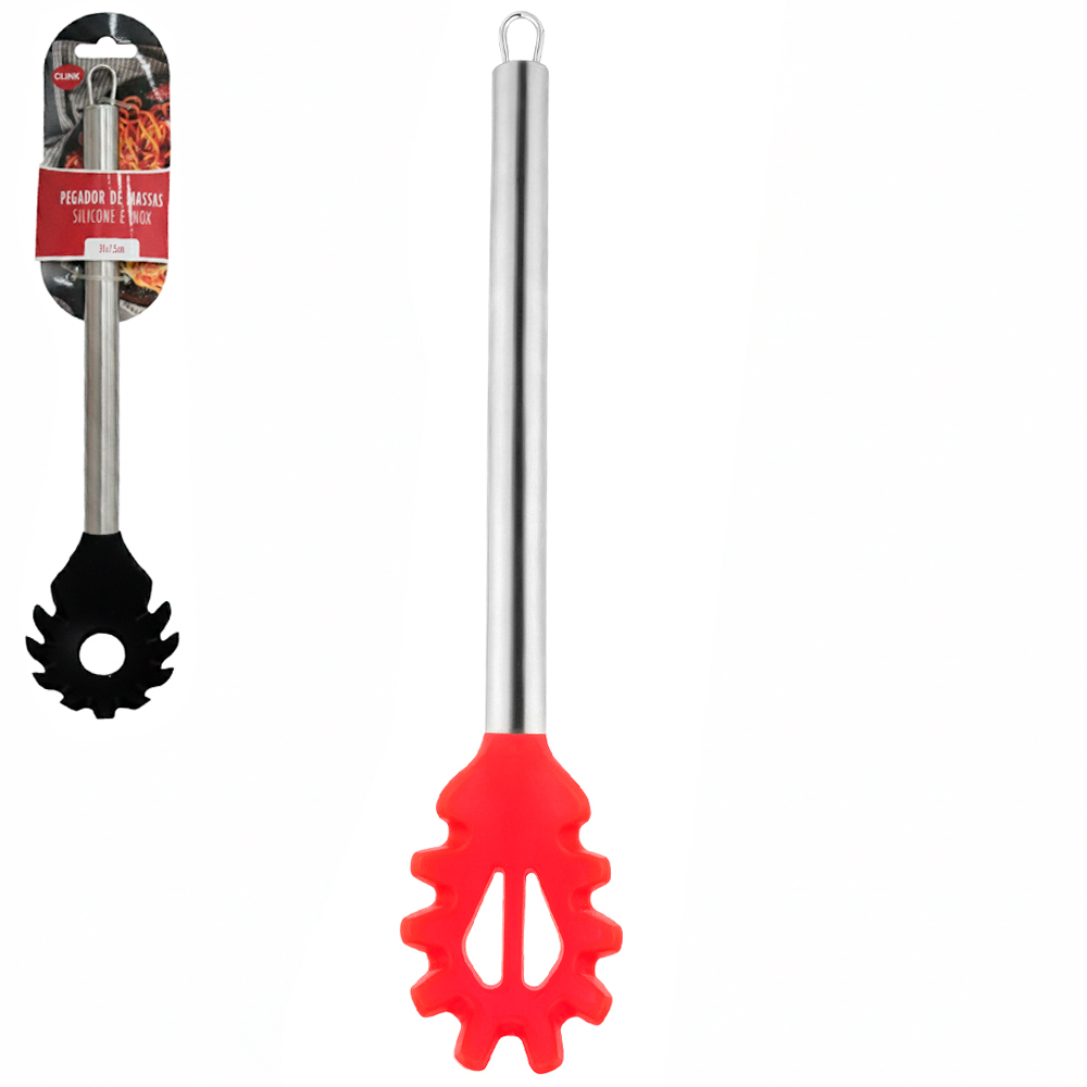 PEGADOR DE MASSAS DE SILICONE VERMELHO E PRETO CABO INOX 31X7,5CM