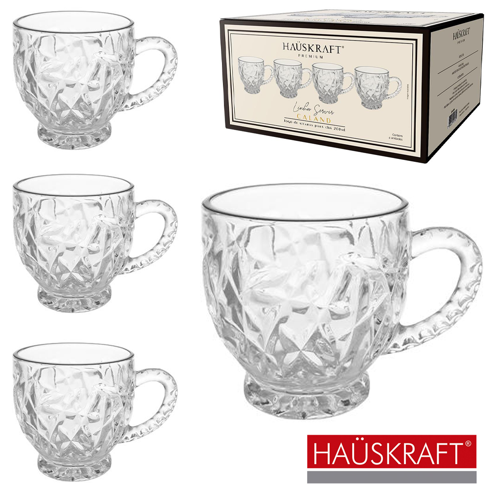 JOGO DE CANECA XICARA DE VIDRO PARA CHA LINHA SERVIR CALAND HAUSKRAFT PREMIUM 4 PECAS 200ML