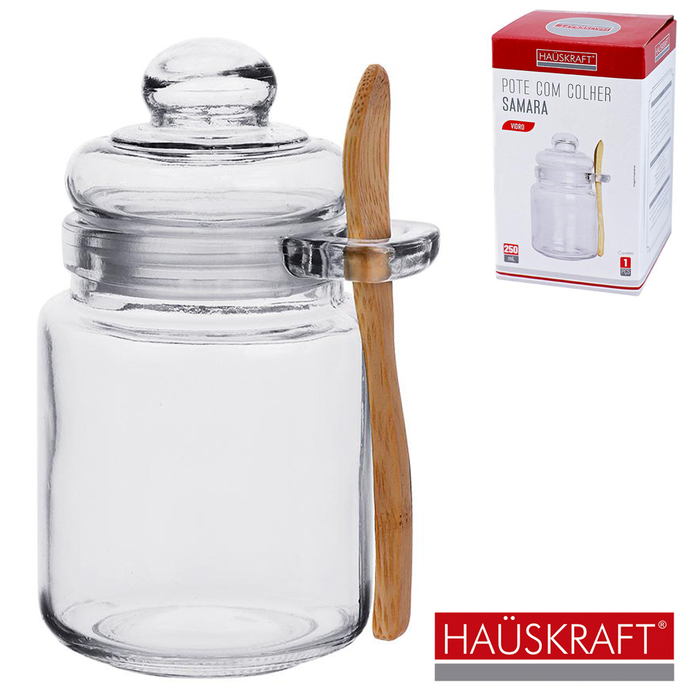 POTE DE VIDRO REDONDO COM ALCA + TAMPA HERMETICA DE VIDRO E COLHER DE BAMBU SAMARA HAUSKRAFT 250ML