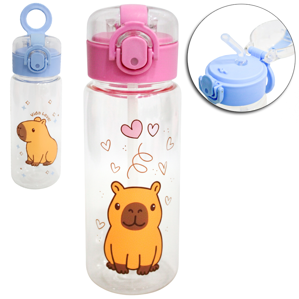 GARRAFA SQUEEZE DE PLASTICO CAPIVARA COM CANUDO + BOTAO + TRAVA + E ALCA 440ML