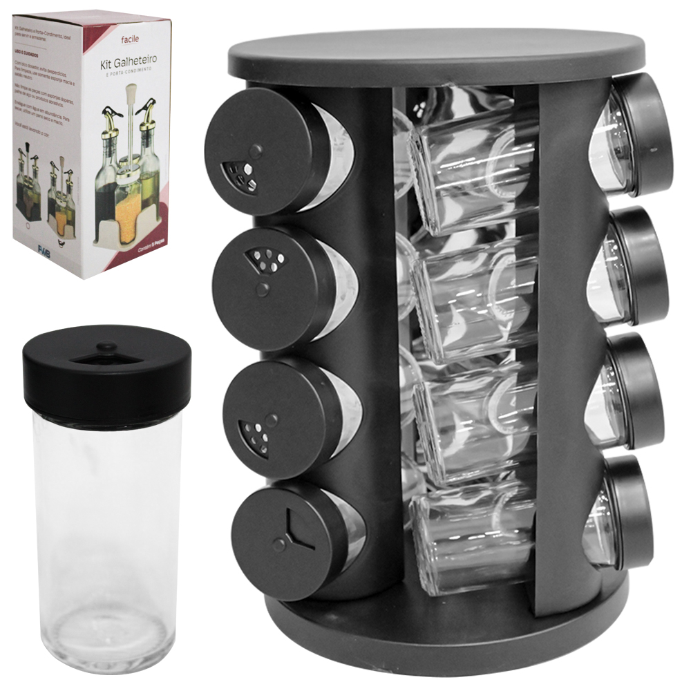 PORTA CONDIMENTO DE VIDRO / PLASTICO COM 12 PECAS 100ML + SUPORTE GIRATORIO REDONDO FACILE BLACK