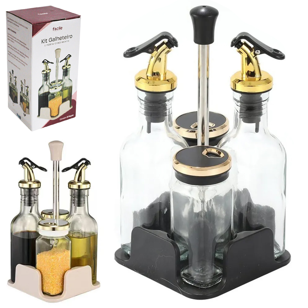 GALHETEIRO DE VIDRO COM 4 PECAS 190 / 130ML + SUPORTE PRETO / BRANCO FACILE