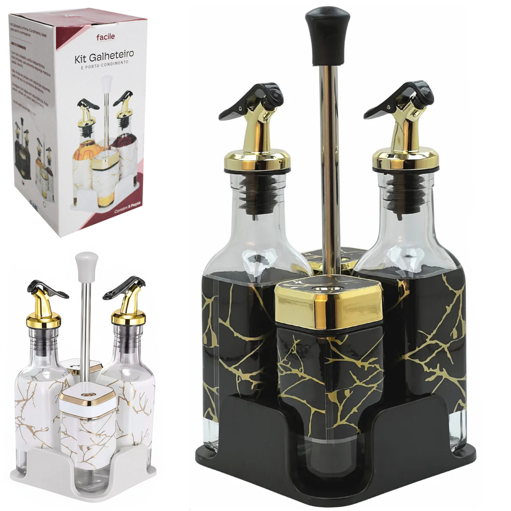 GALHETEIRO DE VIDRO COM 4 PECAS 190 / 120ML + SUPORTE MARMORIZADO PRETO / BRANCO FACILE