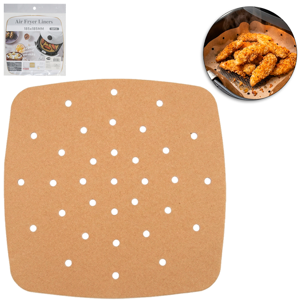 FORMA DE PAPEL QUADRADA DESCARTAVEL PARA AIR FRYER / FRITADEIRA ELETRICA 50 PECAS 18,5CM