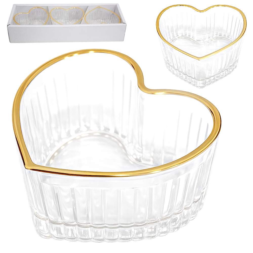 TIGELA PETISQUEIRA DE VIDRO CORACAO COM BORDA DOURADA COM 3 PECAS 9X9X5CM