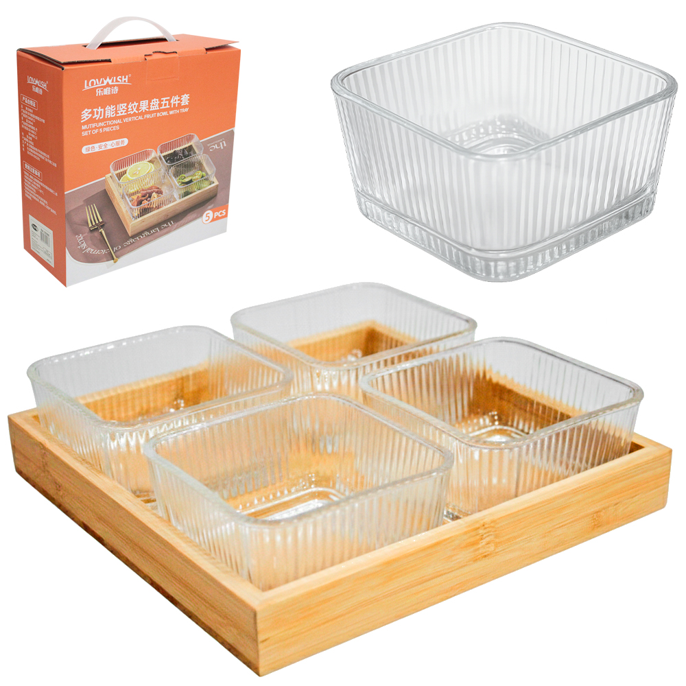 CONJUNTO DE PETISQUEIRA DE VIDRO QUADRADA 280ML + BANDEJA DE BAMBU 21,5CM