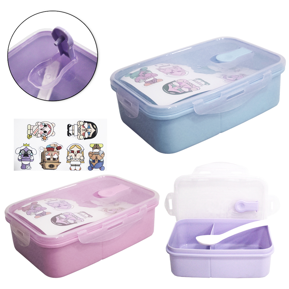 MARMITA DE PLASTICO RETANGULAR BONECO CRY COM 2 DIVISORIAS + COLHER E TRAVA LATERAL E ADESIVO 17X11X5,5CM