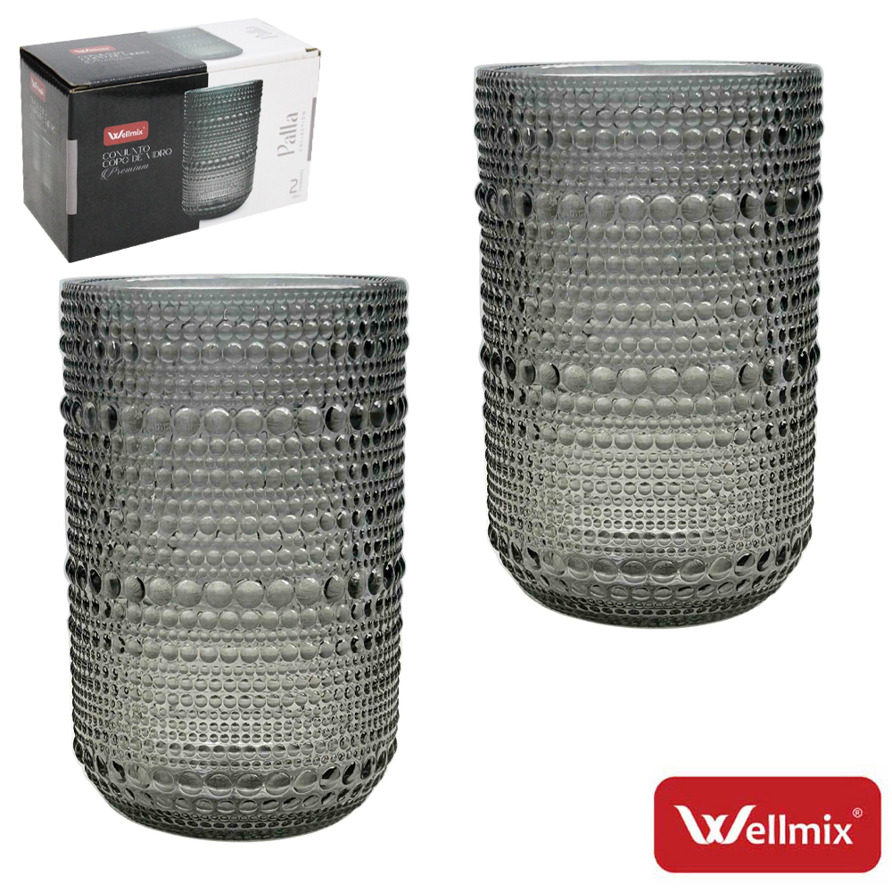 JOGO DE COPO DE VIDRO PREMIUM PALLA COLLECTION CINZA COM 2 PECAS 280ML