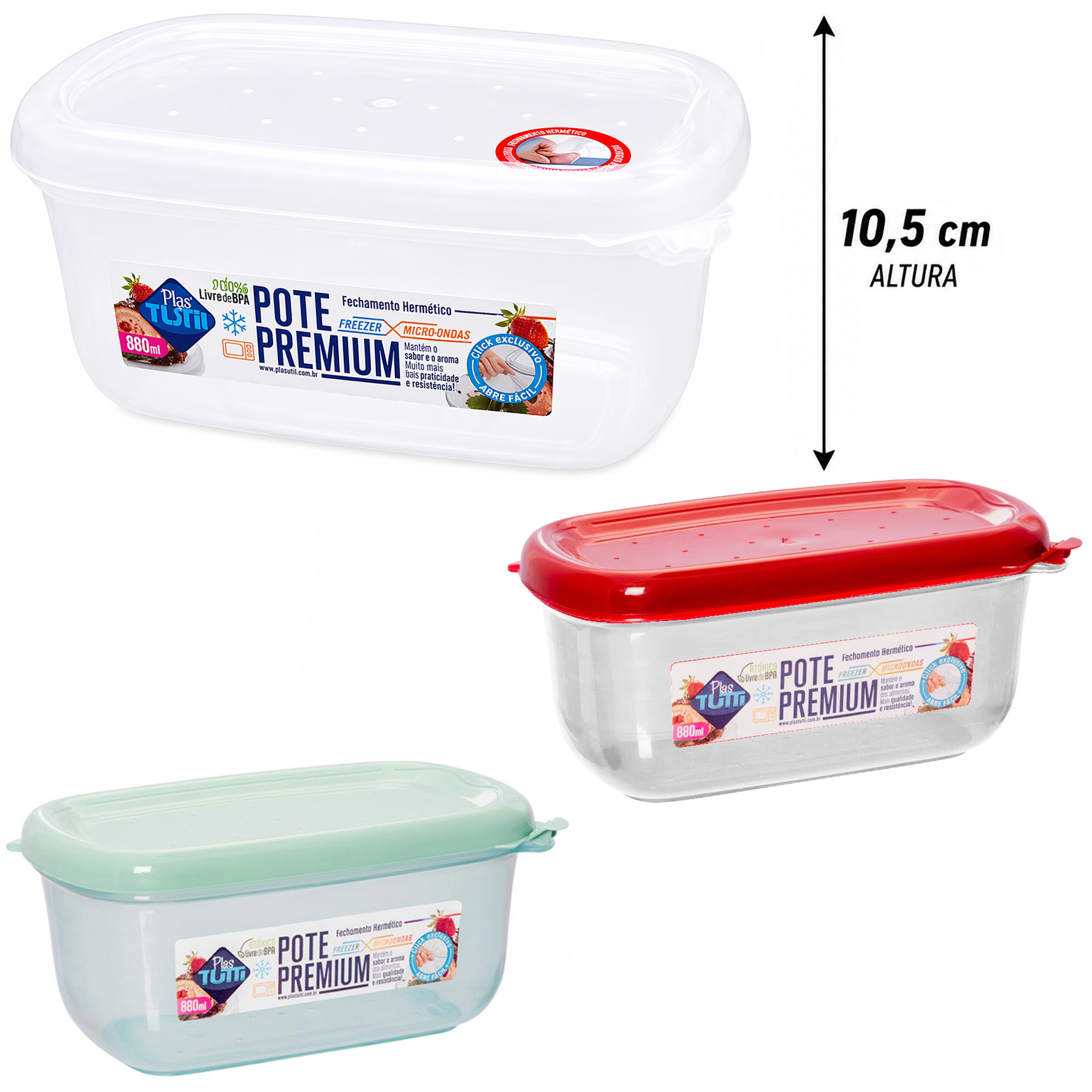 POTE ORGANIZADOR DE PLASTICO RETANGULAR GRADUADO PREMIUM COM TAMPA COLORS 880ML