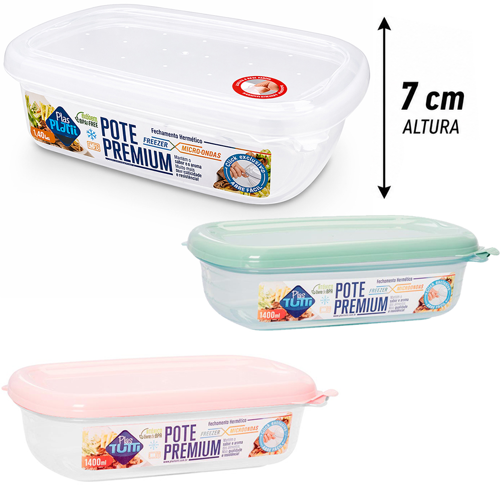 POTE ORGANIZADOR DE PLASTICO RETANGULAR GRADUADO PREMIUM COM TAMPA COLORS 1400ML