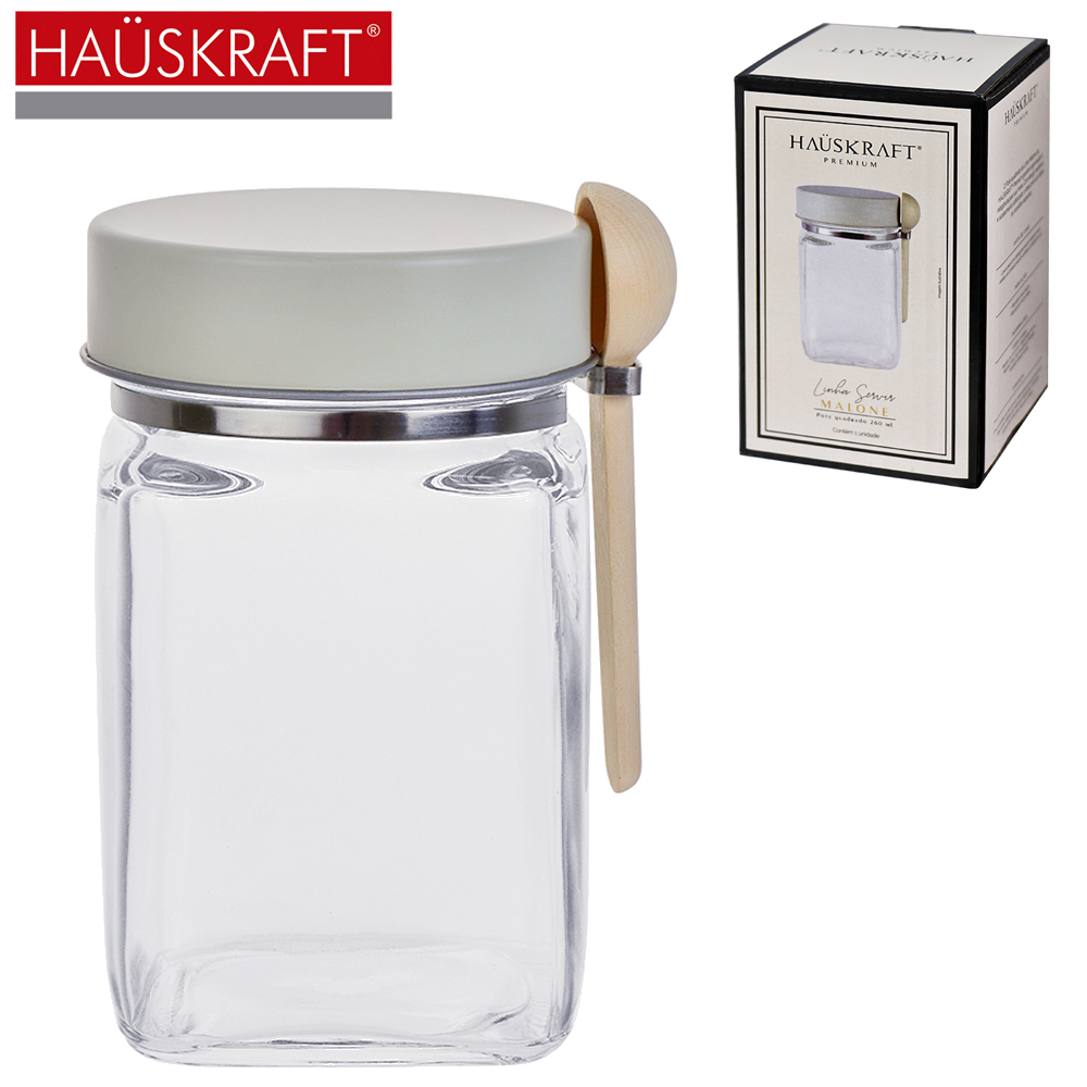 POTE DE VIDRO LISO QUADRADO COM ALCA + COLHER MADEIRA E TAMPA INOX LINHA SERVIR MALONE HAUSKRAFT PREMIUM 260ML