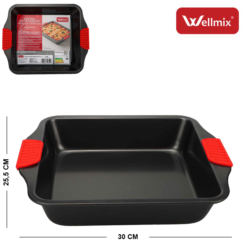 FORMA ASSADEIRA DE ACO CARBONO ANTIADERENTE RETANGULAR COM PEGADOR DE SILICONE CUCINARE 30X25,5X5CM