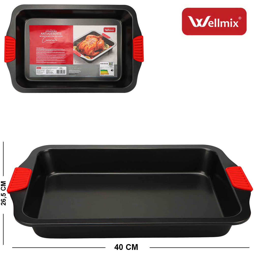 FORMA ASSADEIRA DE ACO CARBONO ANTIADERENTE RETANGULAR COM PEGADOR DE SILICONE CUCINARE 40X26,5X5CM