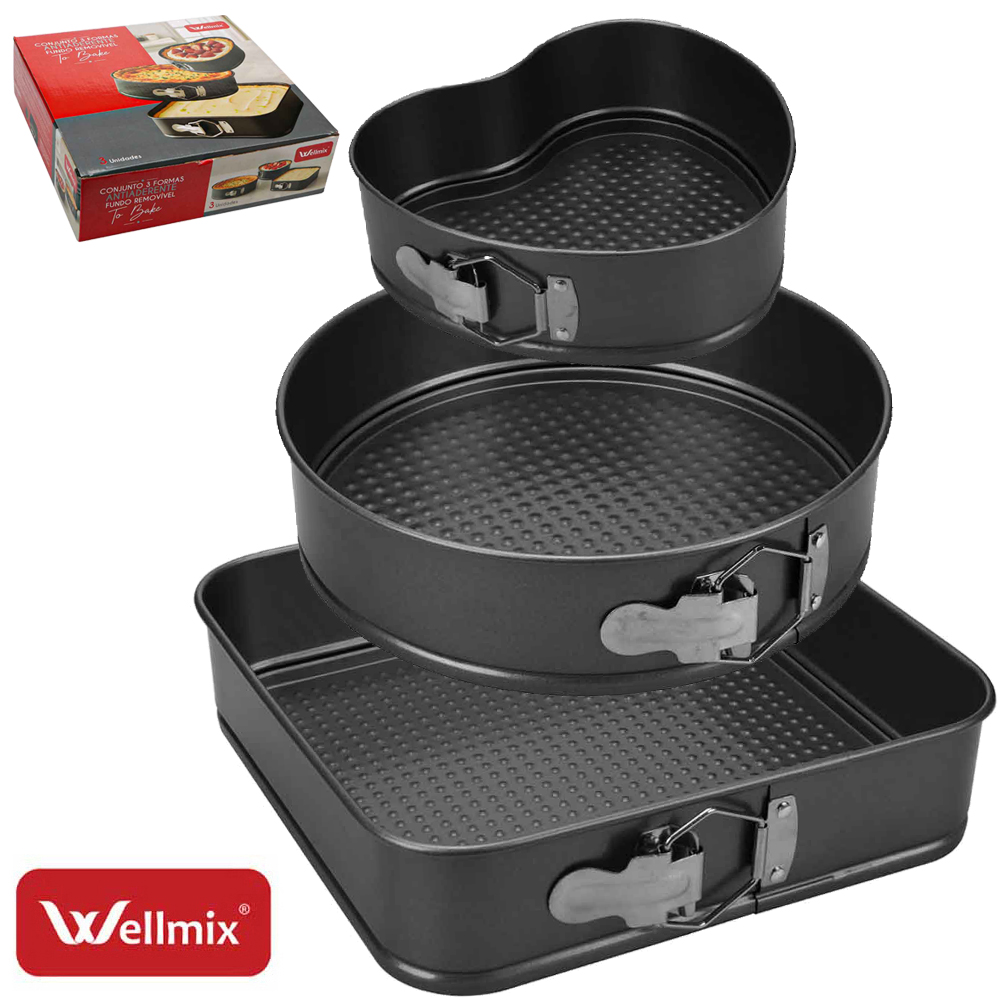 FORMA ASSADEIRA DE ACO CARBONO ANTIADERENTE CORACAO / REDONDA / QUADRADA COM FUNDO REMOVIVEL TO BAKE 3 PECAS