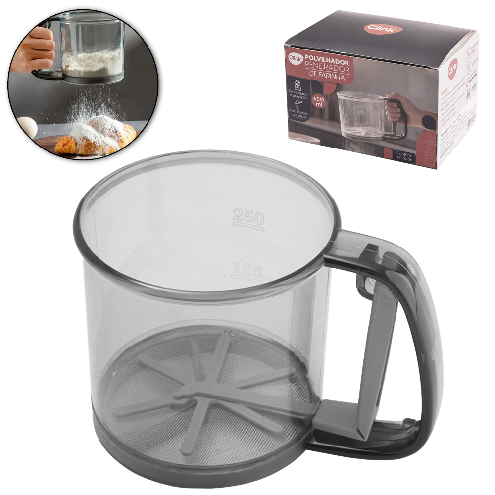 POLVILHADOR / PENEIRADOR DE FARINHA TIPO CANECA DE PLASTICO  INOX COM GATILHO 650ML 16X11X10,2CM