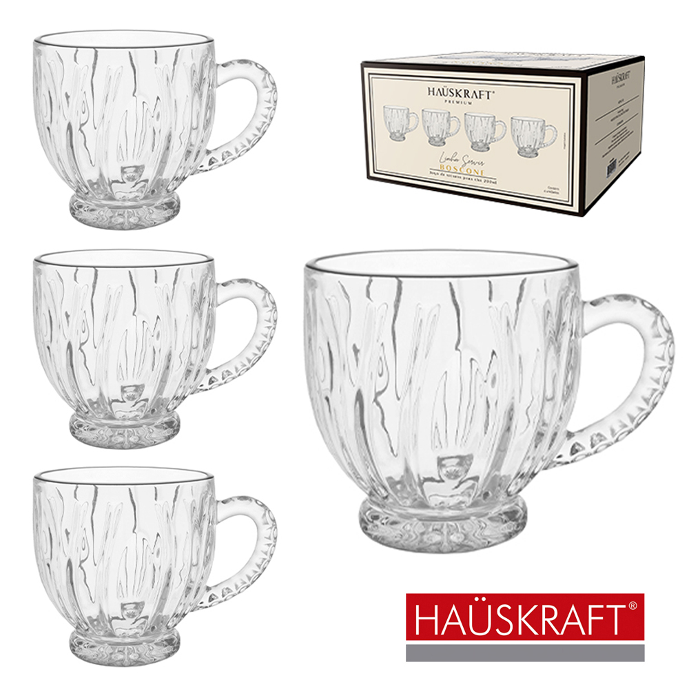 JOGO DE CANECA XICARA DE VIDRO PARA CHA LINHA SERVIR BOSCONE HAUSKRAFT PREMIUM 4 PECAS 200ML