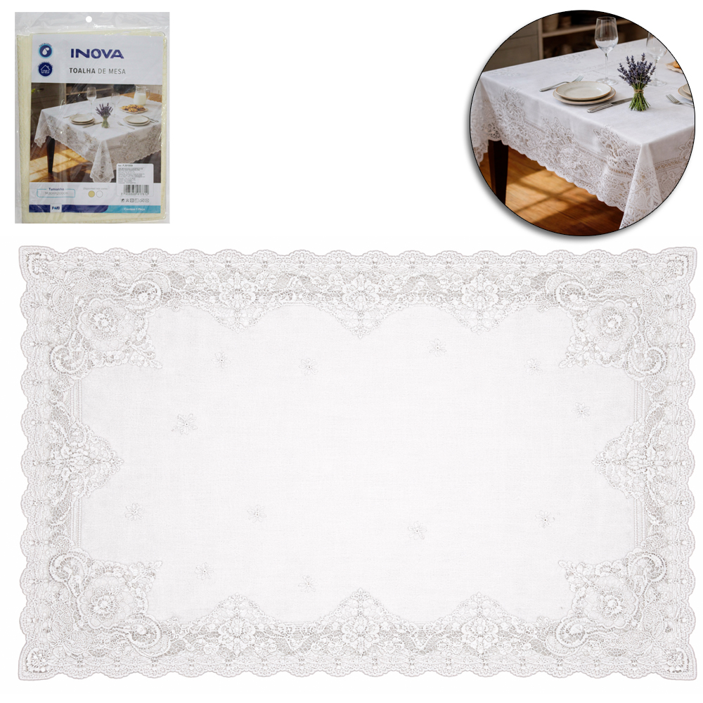 TOALHA DE MESA DE RENDA ( POLIESTER ) RETANGULAR INOVA 140X200CM