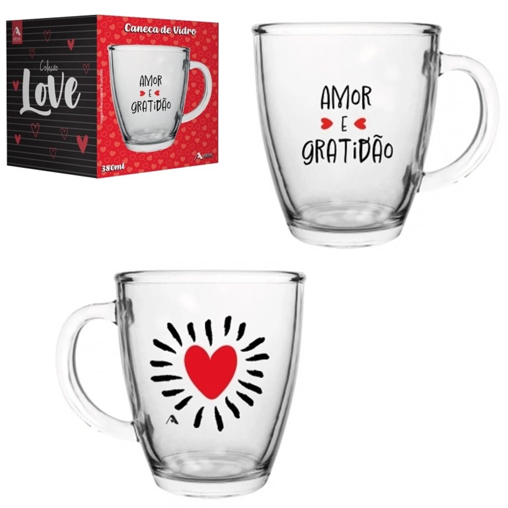 CANECA XICARA DE VIDRO CONICA COLECAO LOVE AMOR E GRATIDAO 350ML