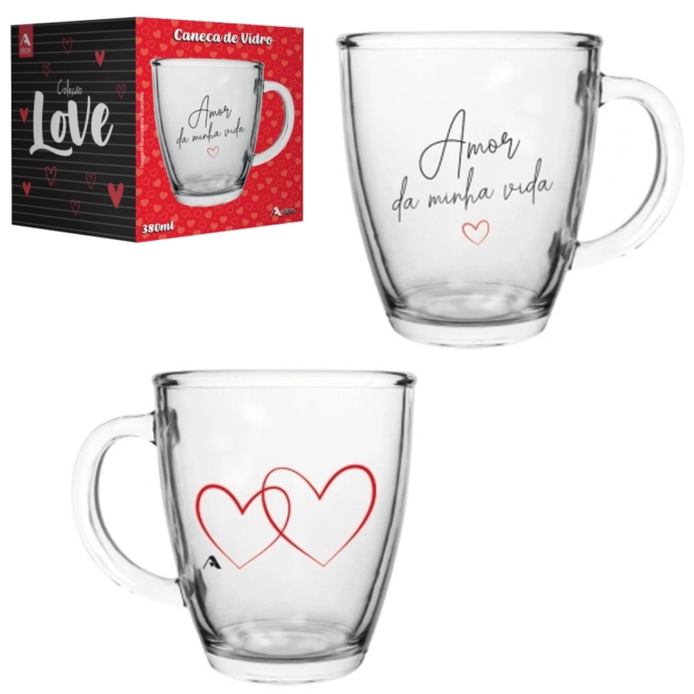 CANECA XICARA DE VIDRO CONICA COLECAO LOVE AMOR DA MINHA VIDA 350ML