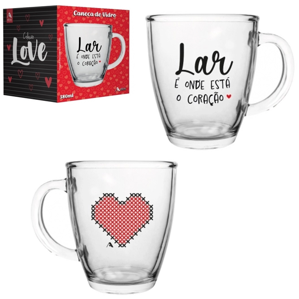 CANECA XICARA DE VIDRO CONICA COLECAO LOVE LAR E ONDE ESTA O CORACAO 350ML
