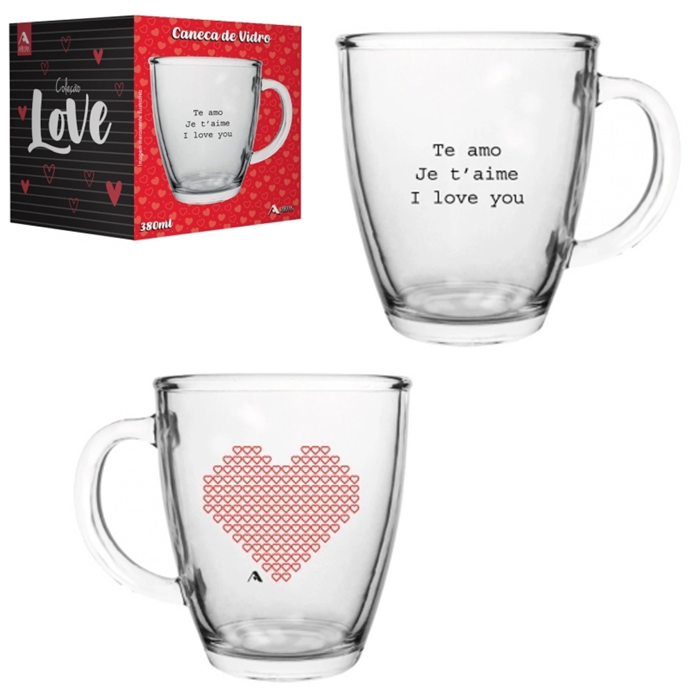 CANECA XICARA DE VIDRO CONICA COLECAO LOVE TE AMO JE T'AIME I LOVE YOU 350ML