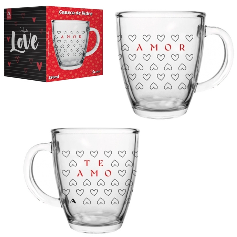 CANECA XICARA DE VIDRO CONICA COLECAO LOVE TE AMO AMOR 350ML