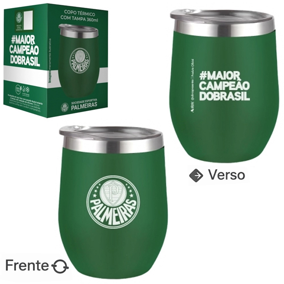 COPO TERMICO PALMEIRAS DE INOX COM PAREDE DUPLA + TAMPA DE ACRILICO 360ML