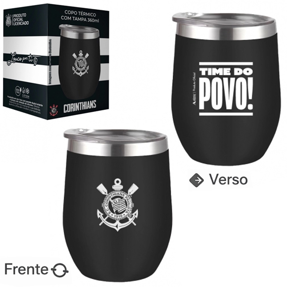 COPO TERMICO CORINTHIANS DE INOX COM PAREDE DUPLA + TAMPA DE ACRILICO 360ML