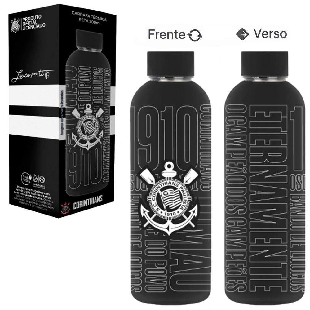 GARRAFA TERMICA RETA CORINTHIANS DE INOX COM PAREDE DUPLA 500ML