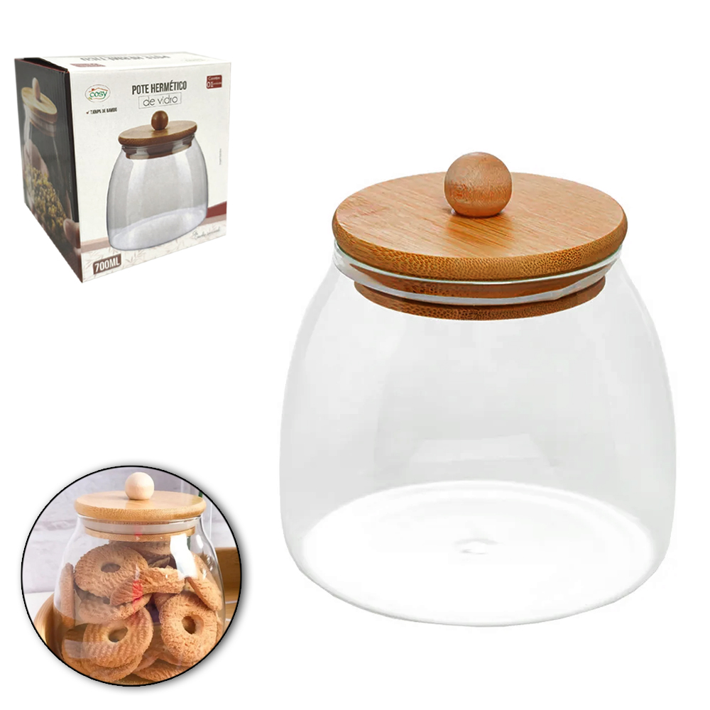 POTE DE VIDRO BOROSSILICATO LISO REDONDO BOJUDO COM TAMPA HERMETICA DE MADEIRA / BAMBU 700ML