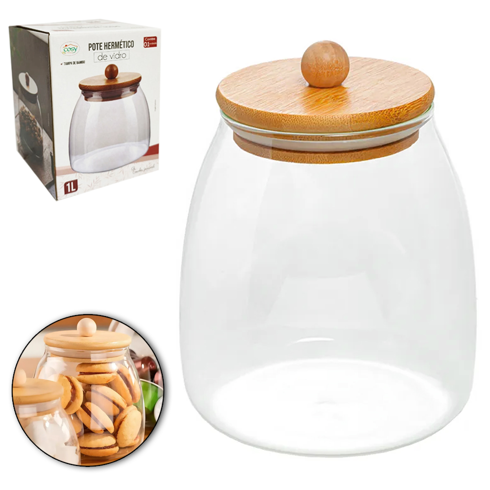 POTE DE VIDRO BOROSSILICATO LISO REDONDO BOJUDO COM TAMPA  HERMETICA DE MADEIRA / BAMBU 1L