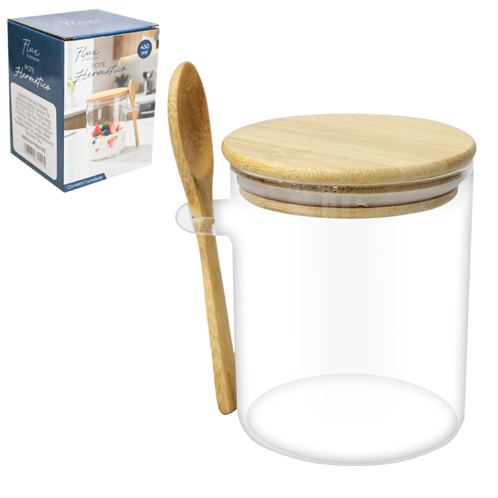 POTE DE VIDRO BOROSSILICATO LISO REDONDO COM ALCA + COLHER E TAMPA HERMETICA MADEIRA / BAMBU FLUX 450ML
