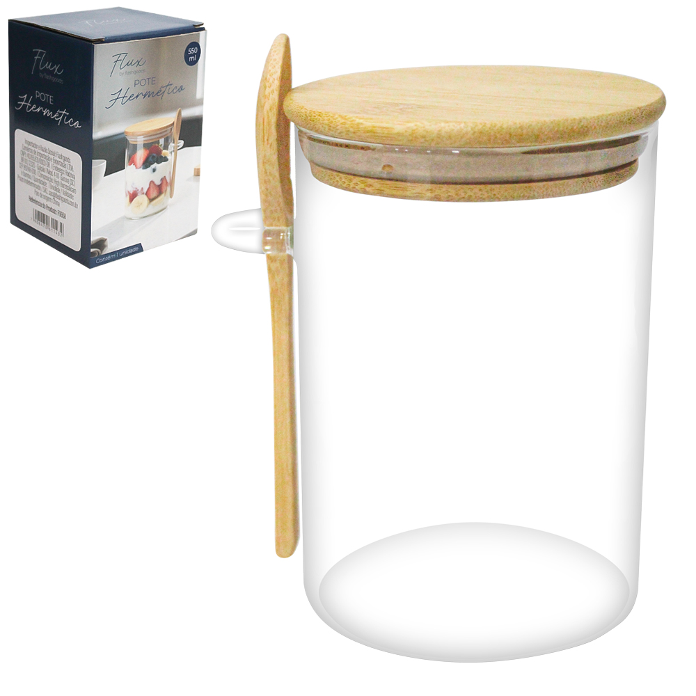 POTE DE VIDRO BOROSSILICATO LISO REDONDO COM ALCA + COLHER E TAMPA HERMETICA MADEIRA / BAMBU FLUX 550ML