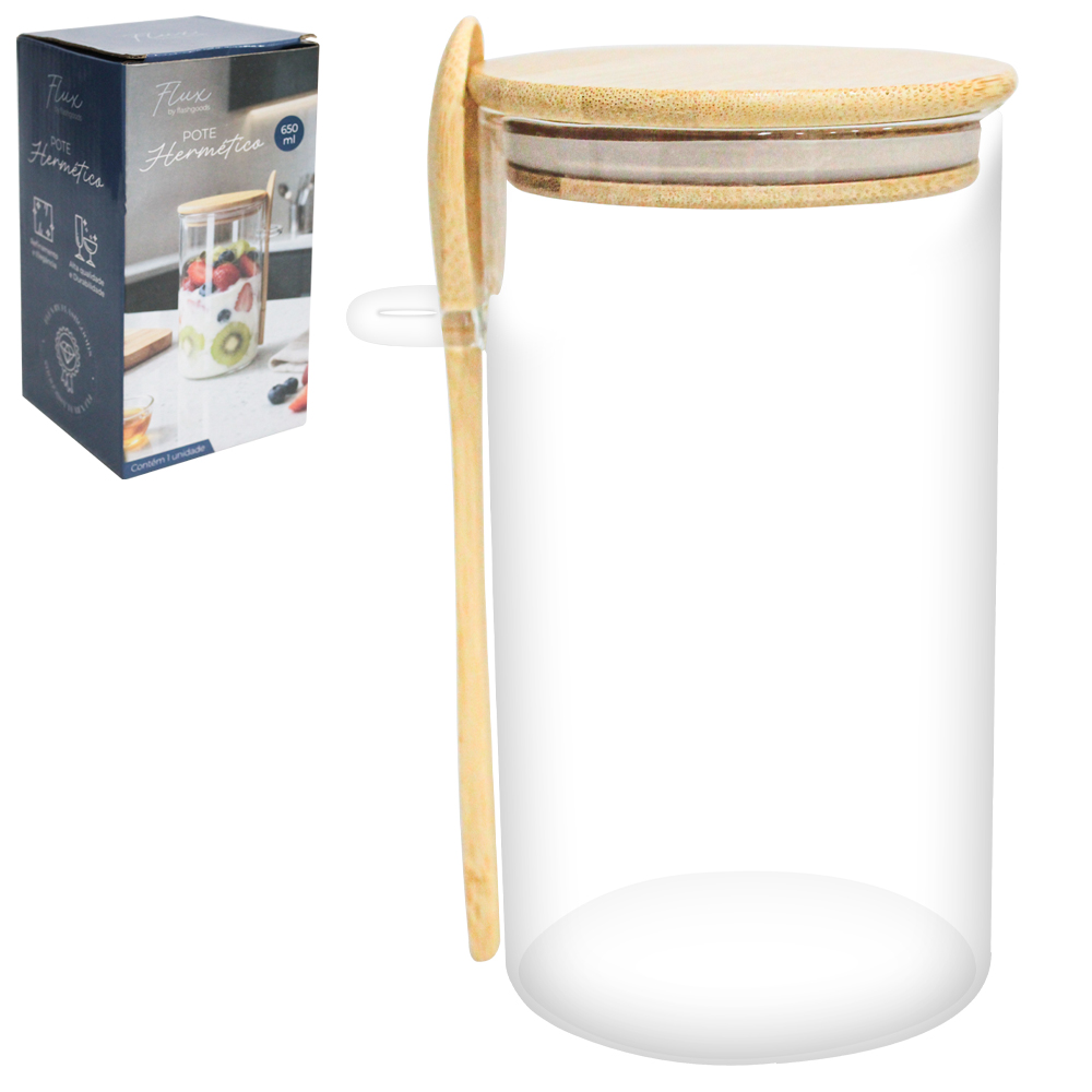 POTE DE VIDRO BOROSSILICATO LISO REDONDO COM ALCA + COLHER E TAMPA HERMETICA MADEIRA / BAMBU FLUX 650ML