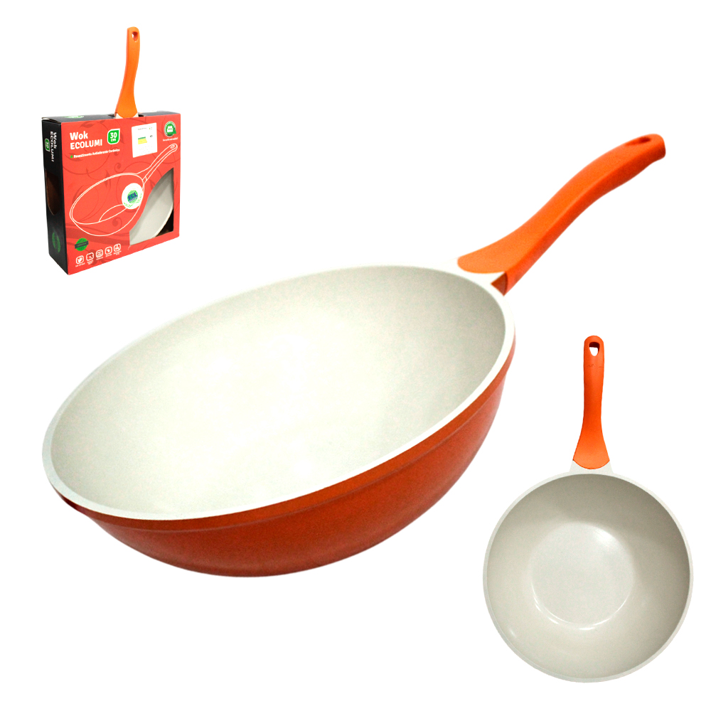 FRIGIDEIRA REVESTIDA CERAMICA ANTIADERENTE PFOA E PTFE EXCILON LARANJA CABO SOFT TOUCH WOK ECOLUMI 30CM DE Ø 