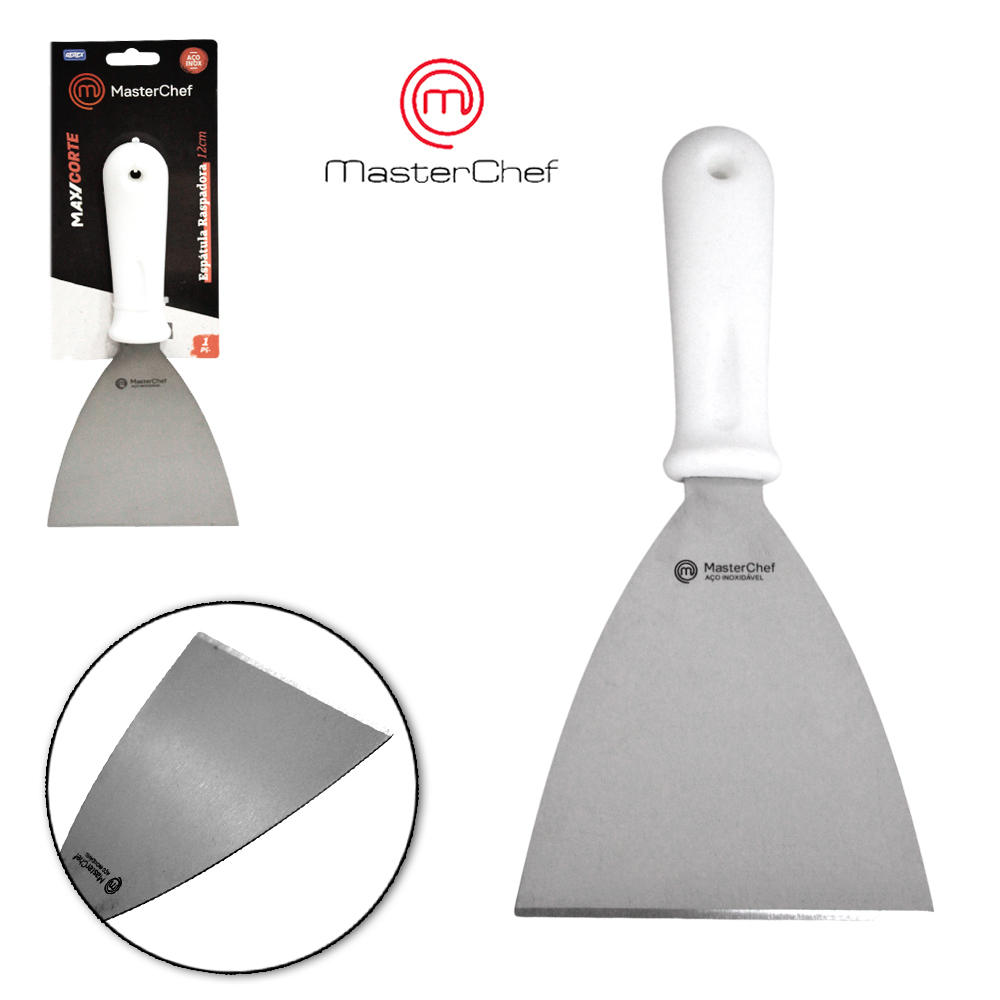 ESPATULA RASPADORA DE COZINHA RETA DE INOX CABO PLASTICO BRANCO MAX CORTE MASTERCHEF 25X12CM