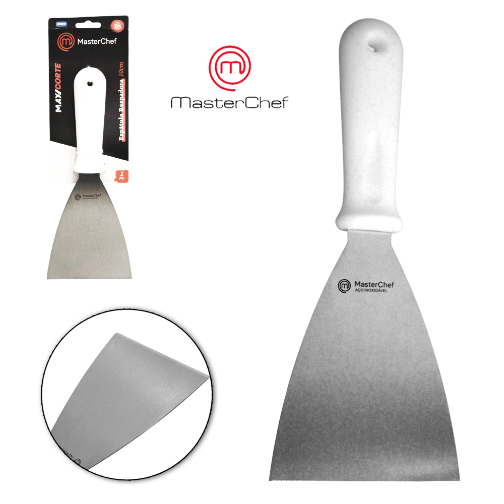 ESPATULA RASPADORA DE COZINHA RETA DE INOX CABO PLASTICO BRANCO MAX CORTE MASTERCHEF 25X10CM 